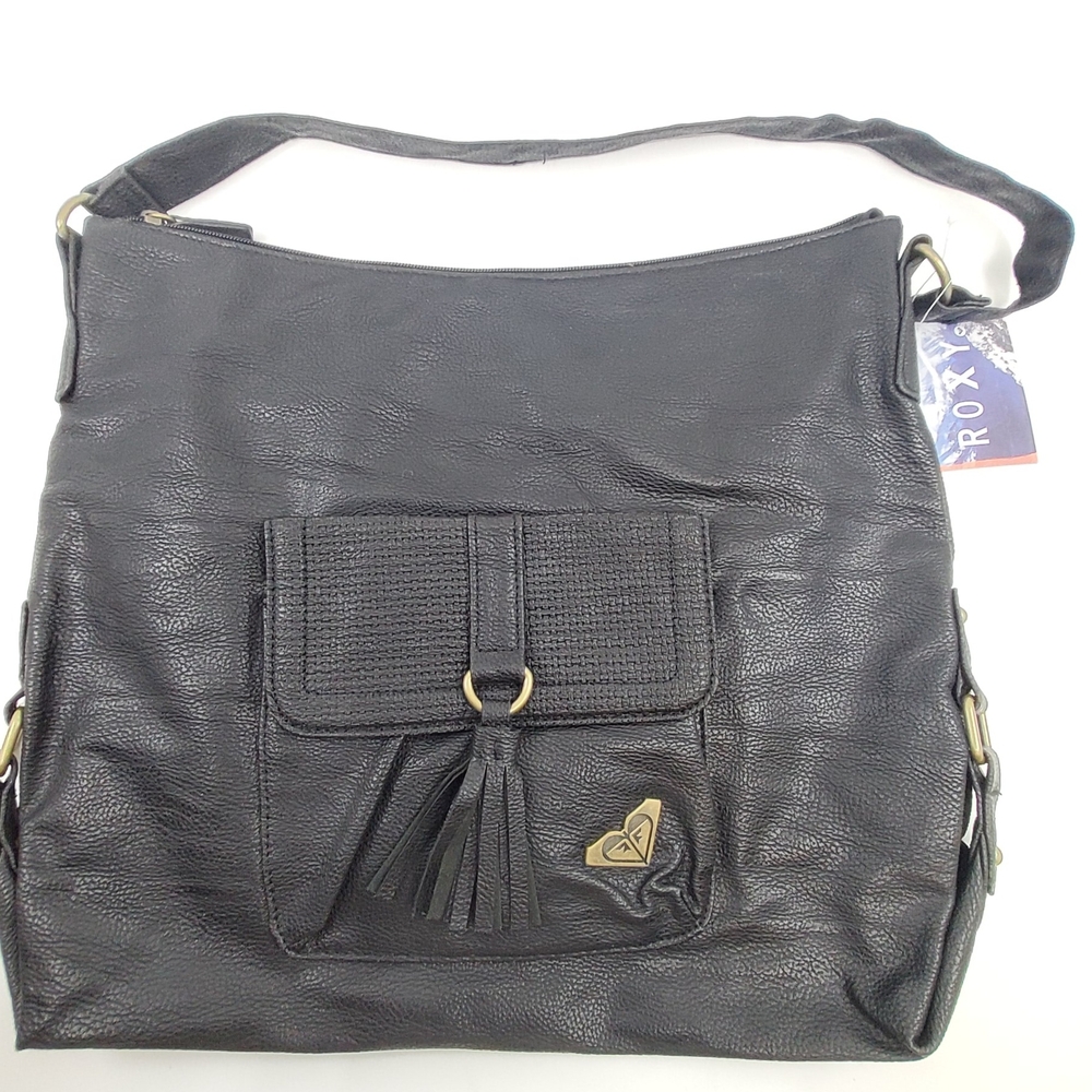 Roxy Black Leather Shoulder Bag with Front Tassel Pocket